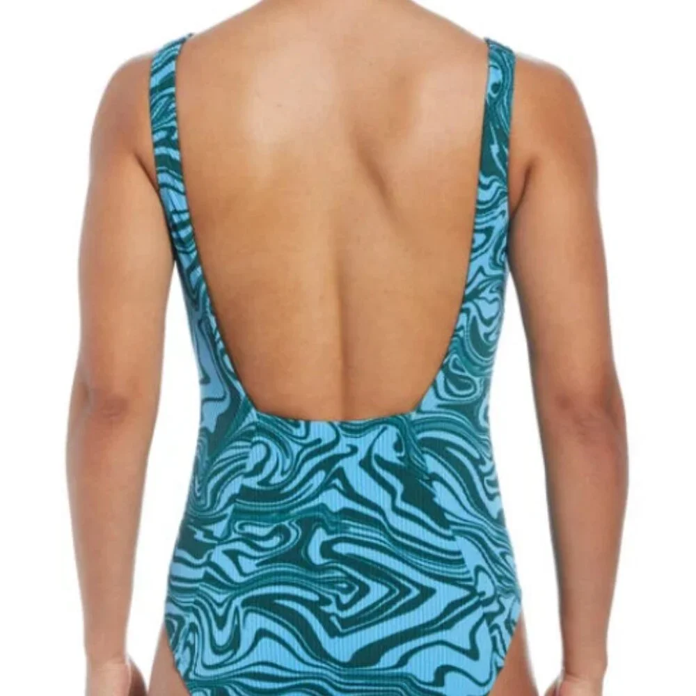 NIKE SWIM Women's Swirl Scoop Neck One-Piece Swimsuit in Green/Blue Sz MEDIUM - Picture 2 of 9